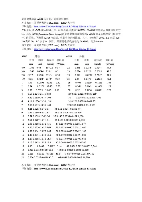 美制电线标准AWG与公制