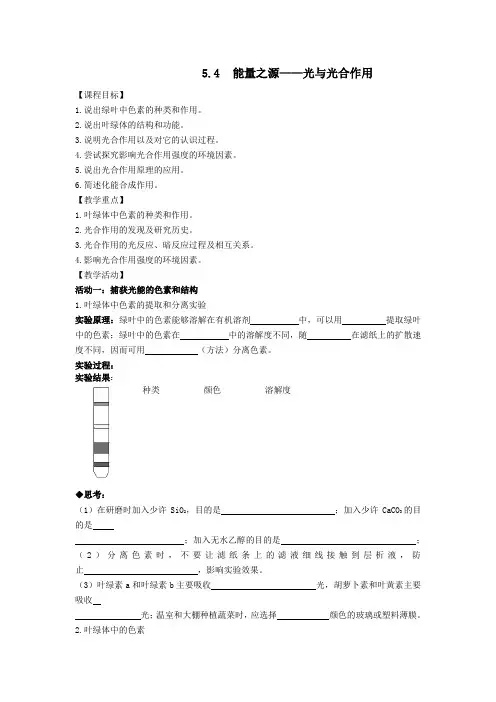 人教版必修一5.4能量之源——光与光合作用学案