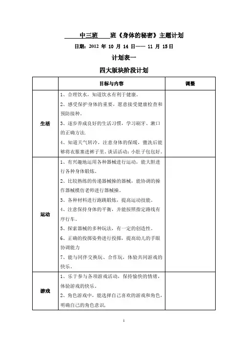 中三班 班《身体的秘密》主题计划