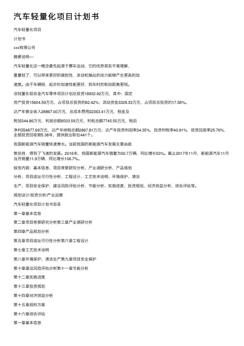 汽车轻量化项目计划书