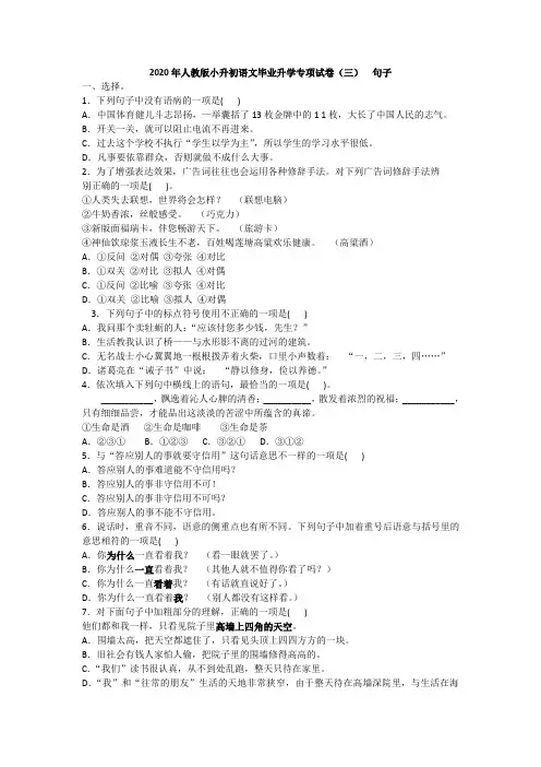 2020年人教版小升初语文毕业升学专项试卷(三)  句子附答案