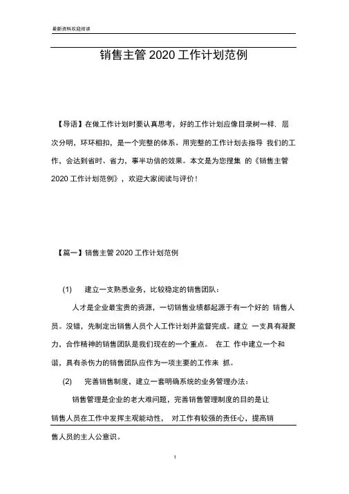 销售主管2020工作计划范例