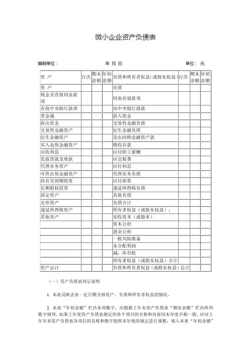微小企业的资产负债表模板