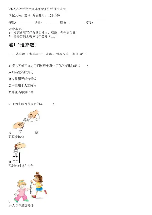 2022-2023学年全国初中九年级下化学苏教版月考试卷(含解析)