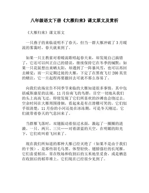 八年级语文下册《大雁归来》课文原文及赏析