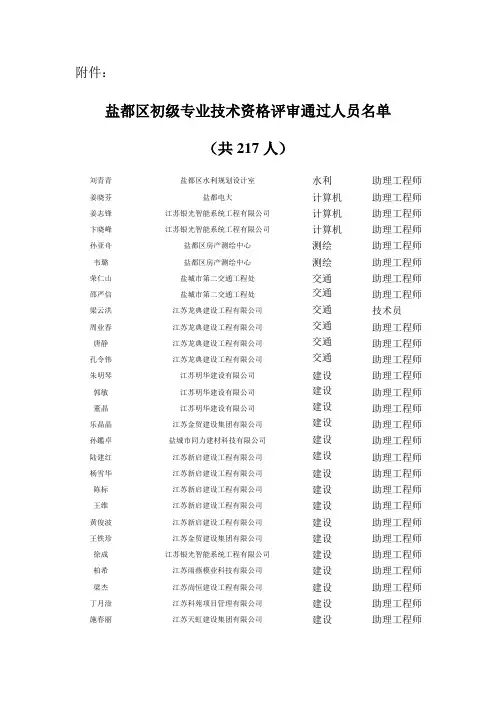 盐都区初级专业技术资格评审通过人员名单