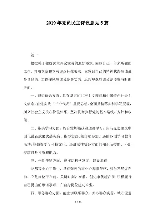 2019年党员民主评议意见5篇