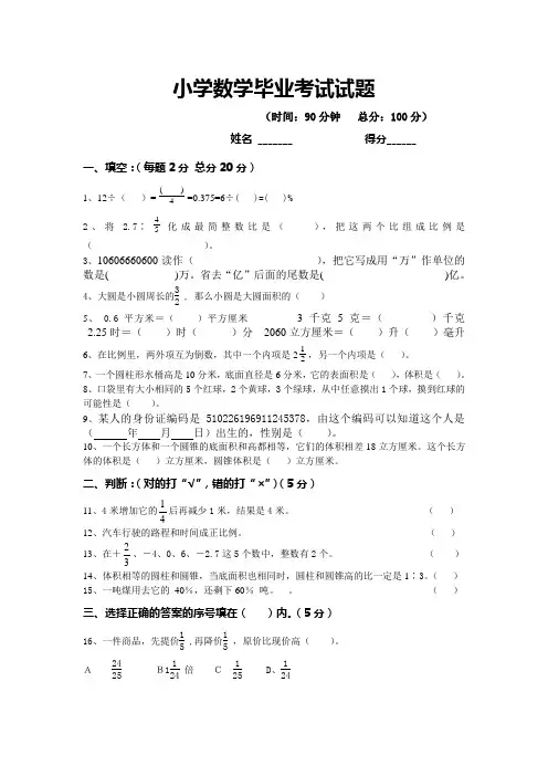 小学数学毕业考试试题2013