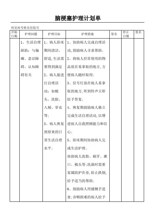 脑梗塞护理计划单