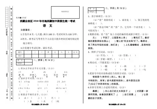 2018年内地西藏初中班招生统一考试语文试卷