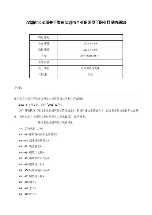深圳市劳动局关于发布深圳市企业招调员工职业目录的通知-深劳[2003]42号