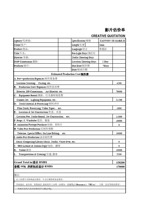 影视制作预算表【范本模板】