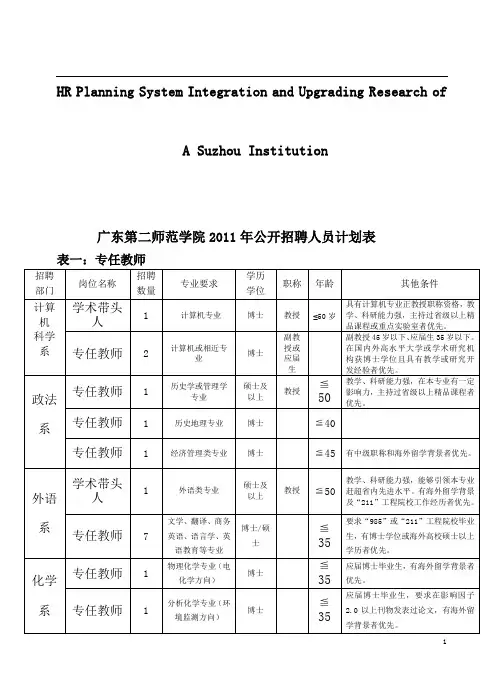 关于针对广东第二师范学院2011年公开招聘人员计划表