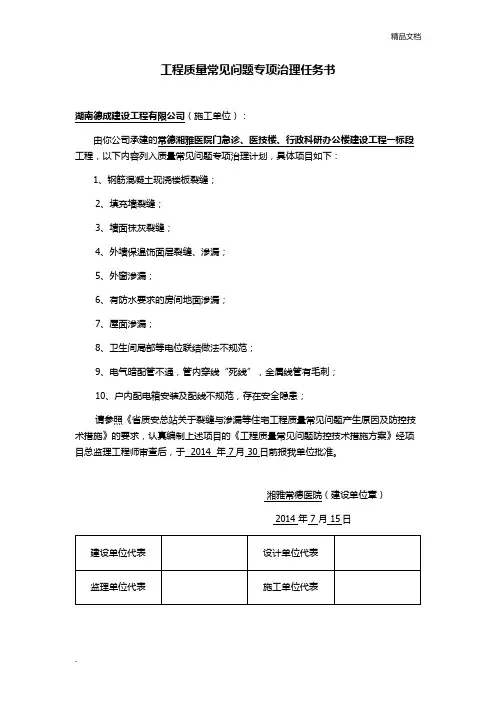 工程质量常见问题专项治理任务书