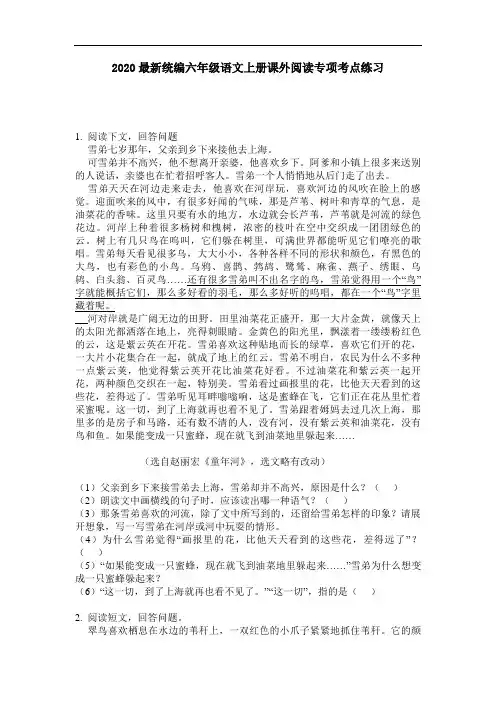 2020最新统编六年级语文上册课外阅读专项考点练习-含答案