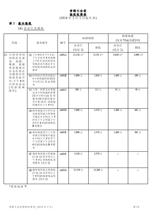 香港大会堂场租收费表-康乐及文化事务署