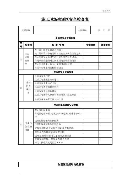 施工现场生活区安全文明检查表