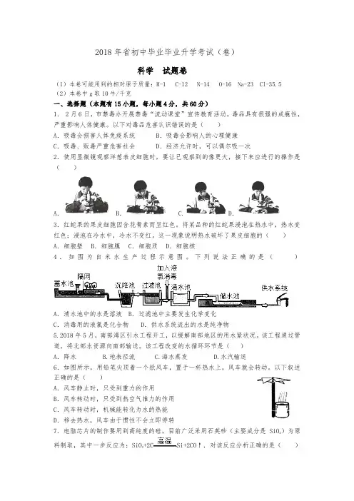 2018浙江省台州市中考科学真题(word版,含答案与解析)