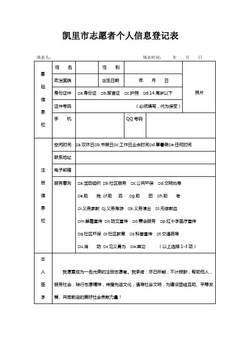 凯里市创建全国文明城市志愿者个人信息登记表