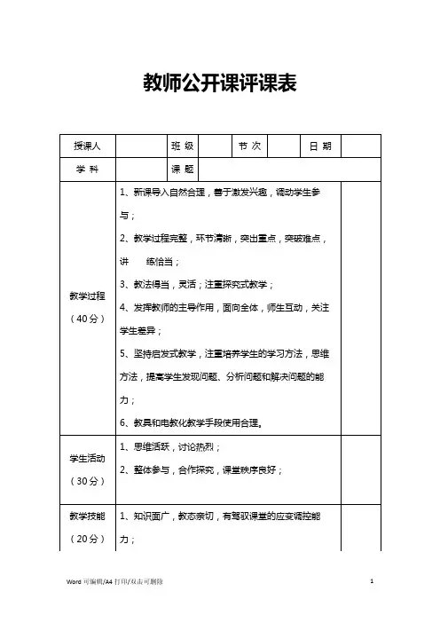 教师公开课评课表(完整版)A4打印版