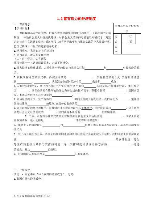 九年级政治全册 第一单元 认识国情 了解制度 1.2 富有活力的经济制度学案（无答案） 粤教版