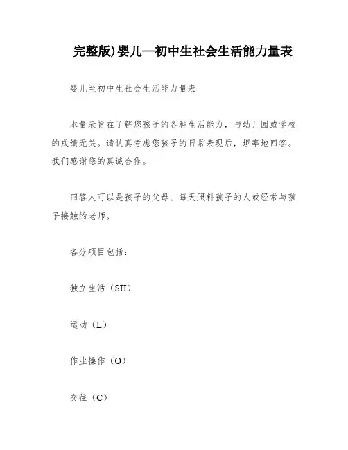 完整版)婴儿—初中生社会生活能力量表