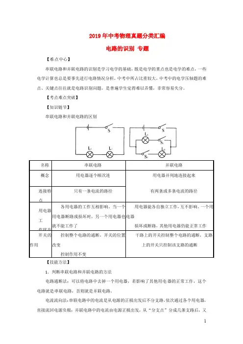 2019年中考物理真题分类汇编全集  电路的识别专题(含解析)