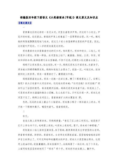 部编版四年级下册语文《小英雄雨来(节选)》课文原文及知识点