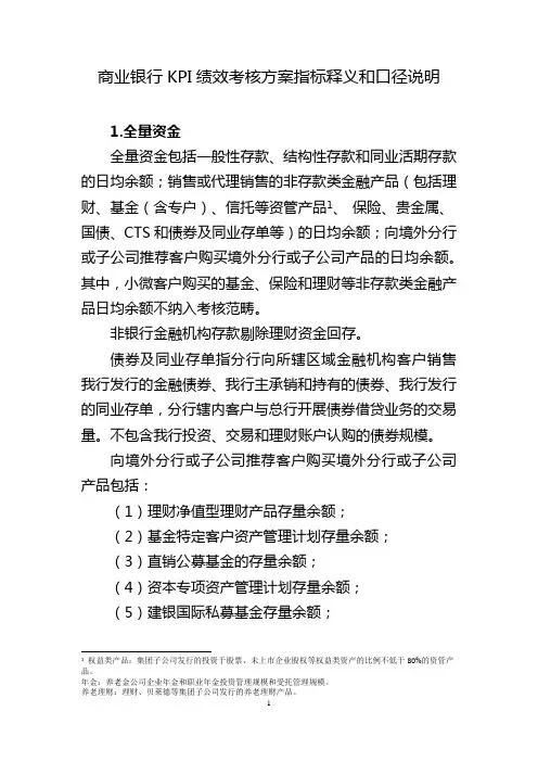 商业银行KPI绩效考核方案指标释义和口径说明