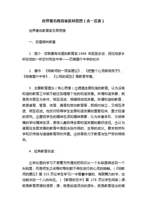 世界著名教育家及其思想（含一览表）