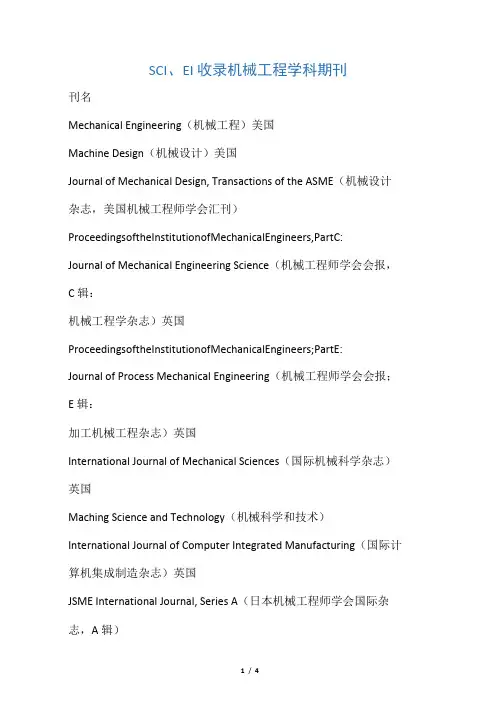 SCI、EI收录机械工程学科期刊