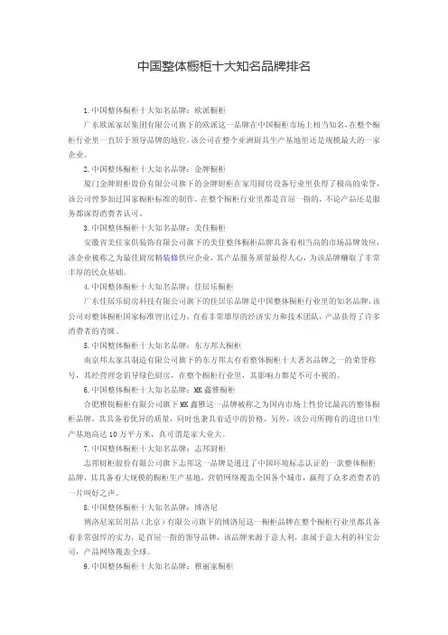 中国整体橱柜十大知名品牌排名