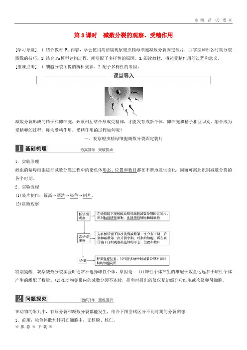 (部编版)2020学年高中生物第二章第1节第3课时减数分裂的观察受精作用教学案必修9