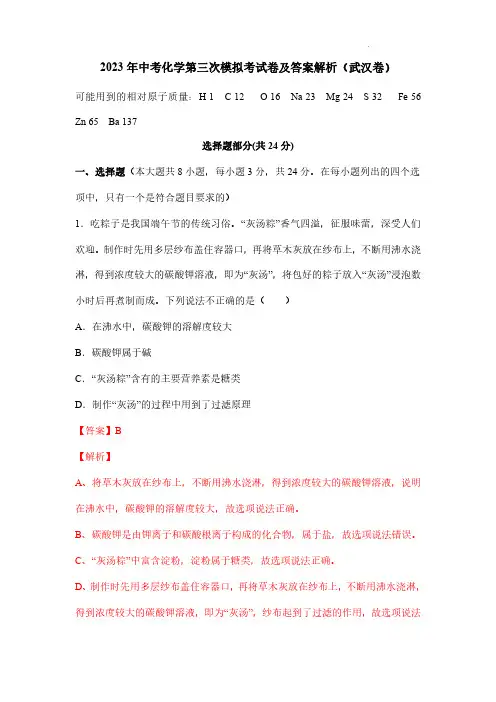 2023年中考化学第三次模拟考试卷及答案解析(武汉卷)