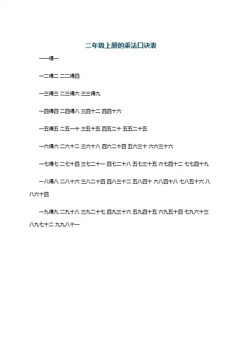 二年级上册的乘法口诀表