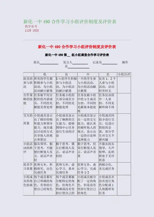 新化一中490合作学习小组评价制度及评价表