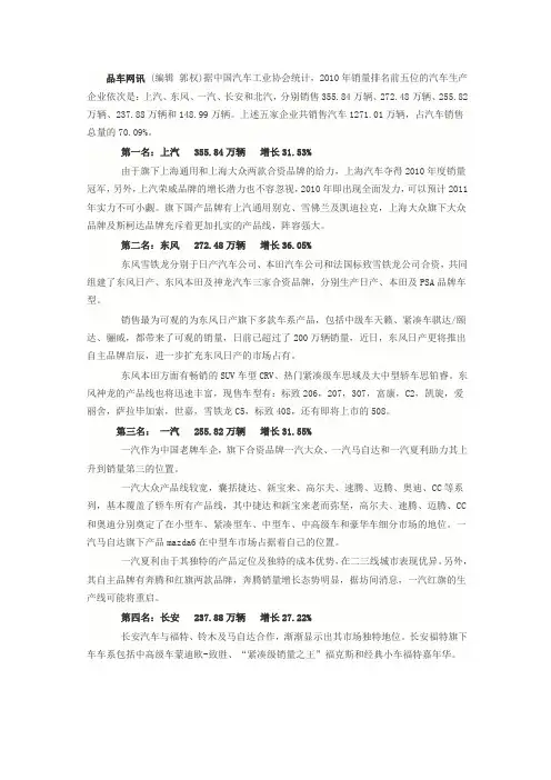2010轿车销量前五车企排名及分析报告[品车网制作]