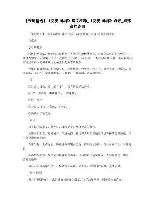 【宋词精选】《花犯 咏梅》译文注释_《花犯 咏梅》点评_周邦彦的诗词