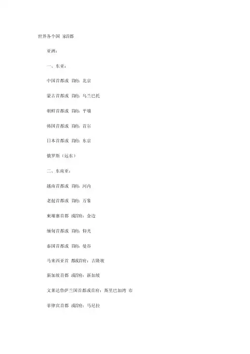 世界各个国家的首都以及中国各省省会