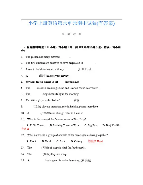小学上册O卷英语第六单元期中试卷(有答案)