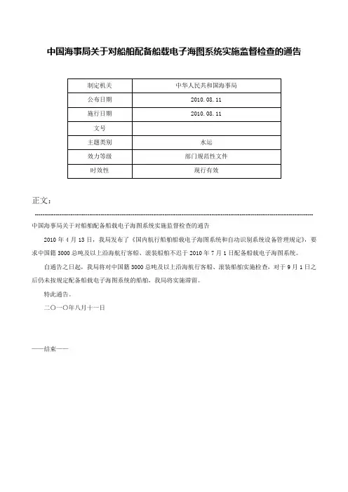 中国海事局关于对船舶配备船载电子海图系统实施监督检查的通告-