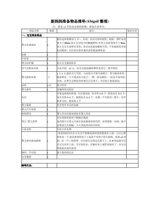 新妈妈准备物品清单