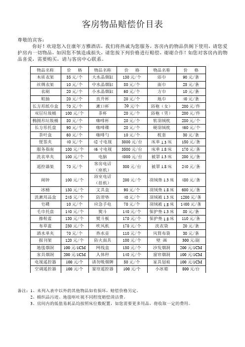 客房物品赔偿价目表