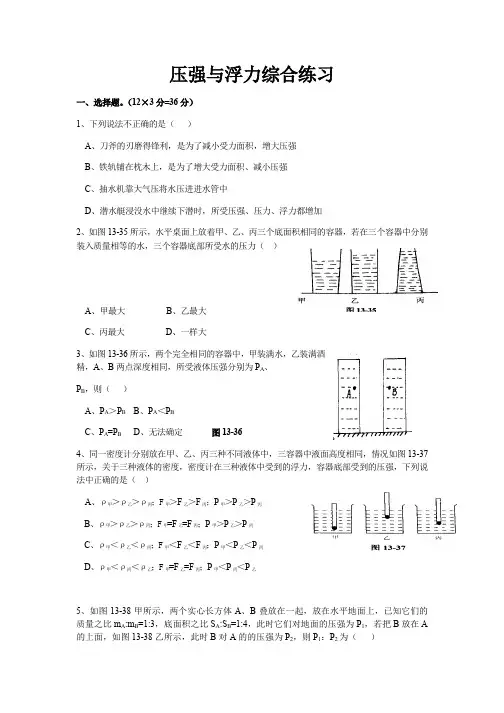 人教版物理 八年级下册 压强浮力专题练习及答案