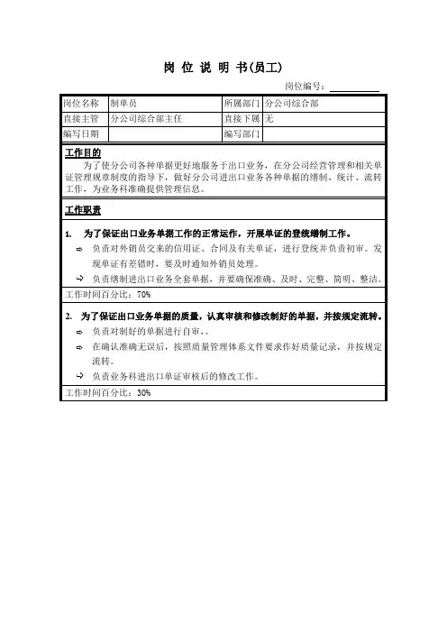 制单员岗位说明书