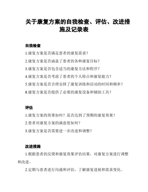 关于康复方案的自我检查、评估、改进措施及记录表