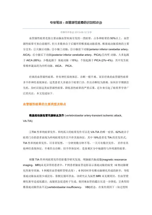 专家笔谈：血管源性眩晕的识别和诊治