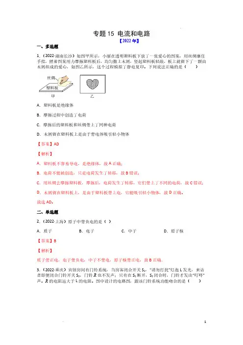 (中考物理专训)专题15 电流和电路(解析版)