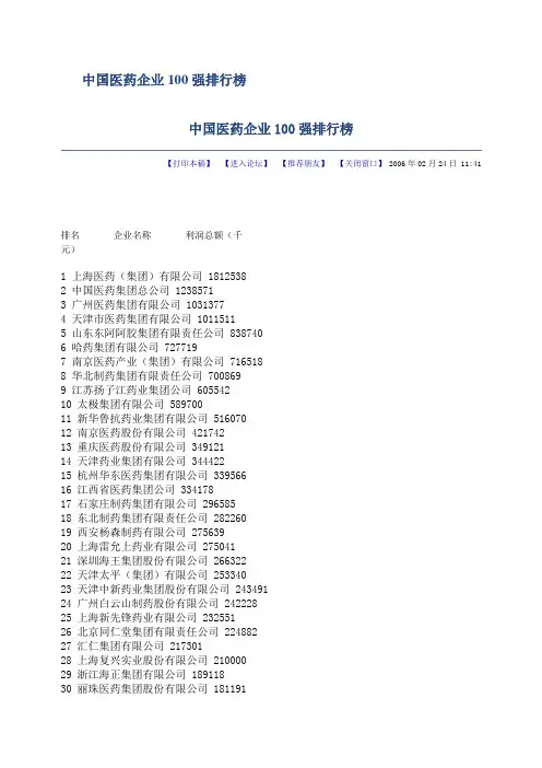 中国医药企业100强排行榜