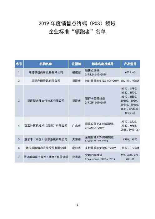 2019年度销售点终端()领域企业标准领跑者名单